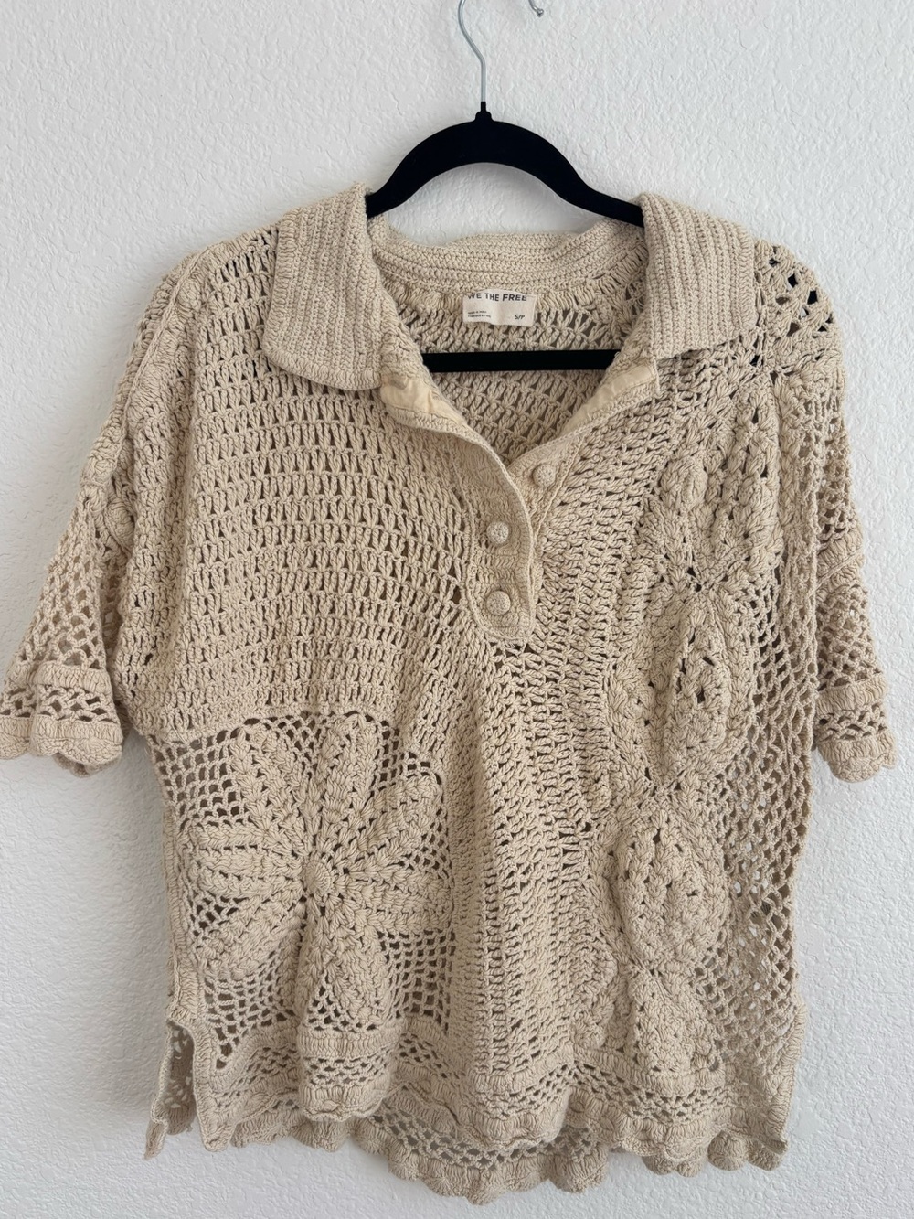 Free People Cream Dahlia Crochet Cotton Polo Shirt